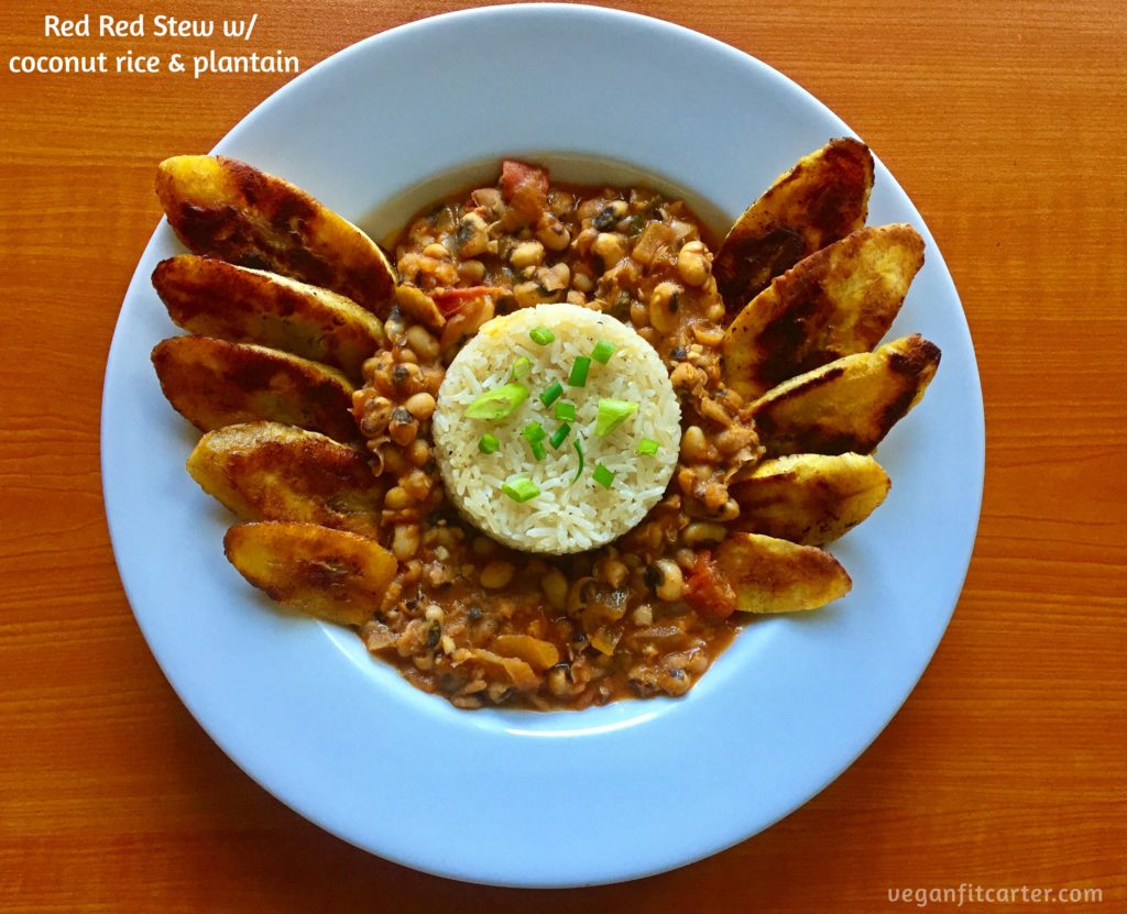 Red Red Stew Plate with Plantains and coconut rice-recipecourtesyofveganfitcarter.com