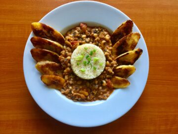 Red Red Stew Plate with Plantains and coconut rice-recipe courtesy of veganfitcarter.com