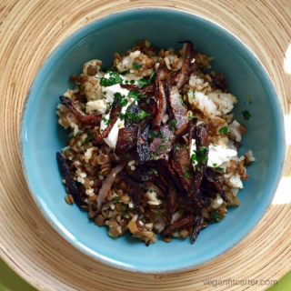 Mujadara Lebanese Lentils and rice with caramelized onions recipe courtesy of Vegan Fit Carter