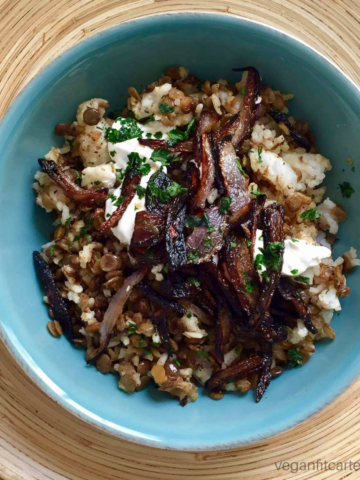 Mujadara Lebanese Lentils and rice with caramelized onions recipe courtesy of Vegan Fit Carter