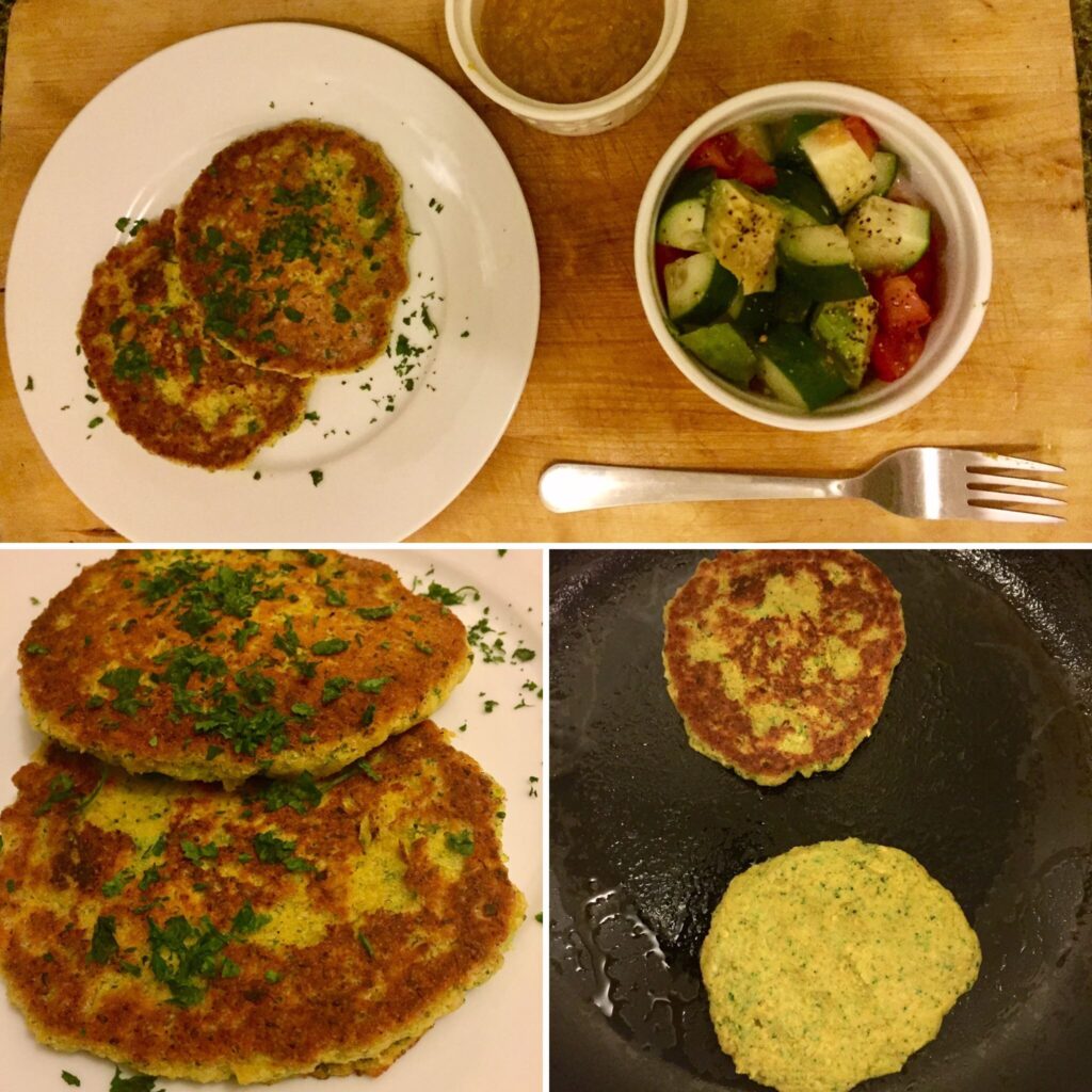 Pan-fried Split-Pea Brocolli Fritters with mango curry sauce and a cucumber tomato avocado salad