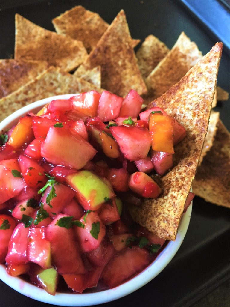 Bowl of Fruit Salsa with Cinnamon Chips (Gluten Free) recipe courtesy of Vegan Fit Carter