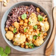 Spicy Cauliflower Chickpea Rice Bowl recipe courtesy of That Green Lyfe