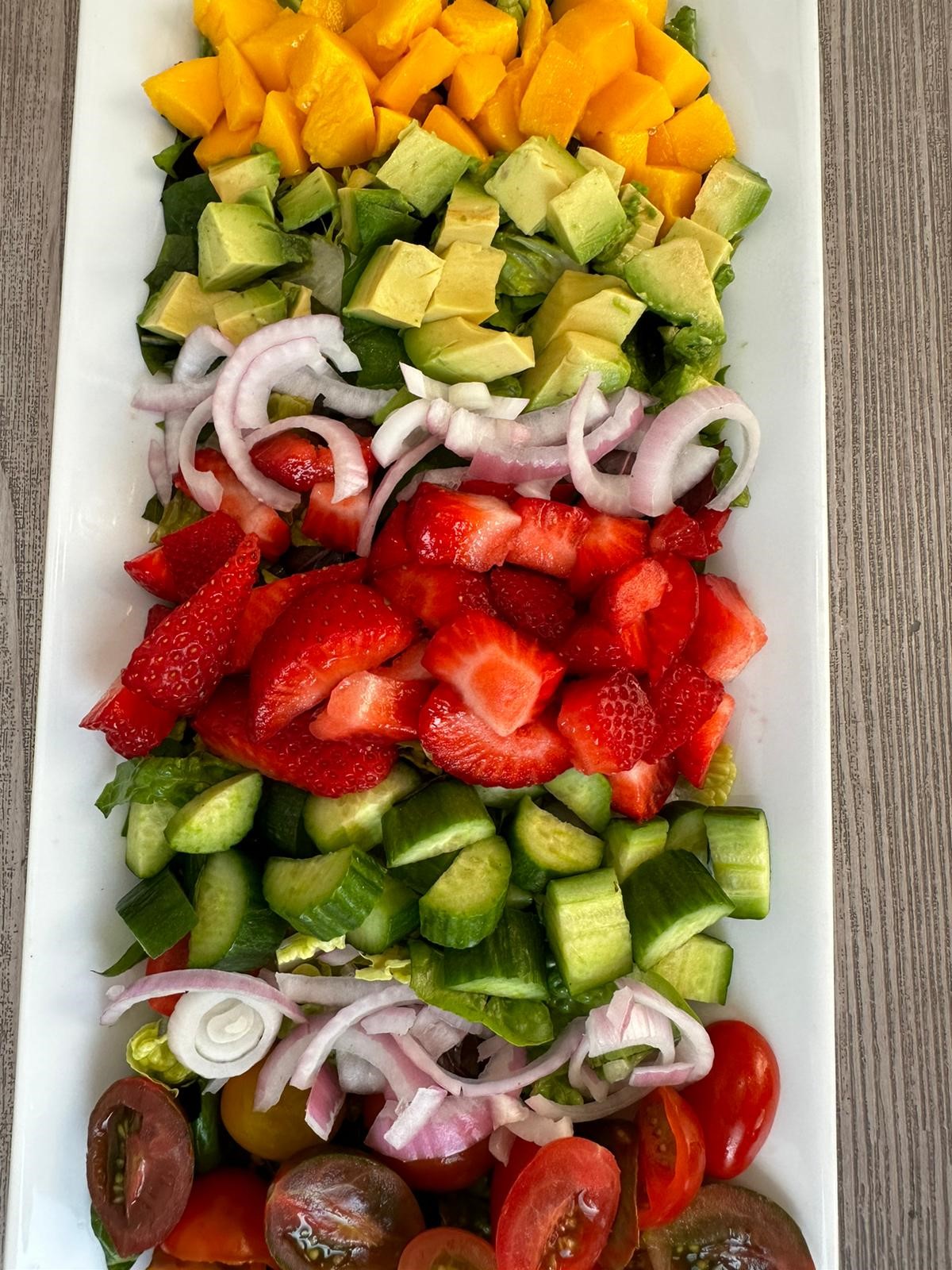 Strawberry Mango Romaine Salad with Raspberry Vinaigrette main components courtesy of That Green Lyfe